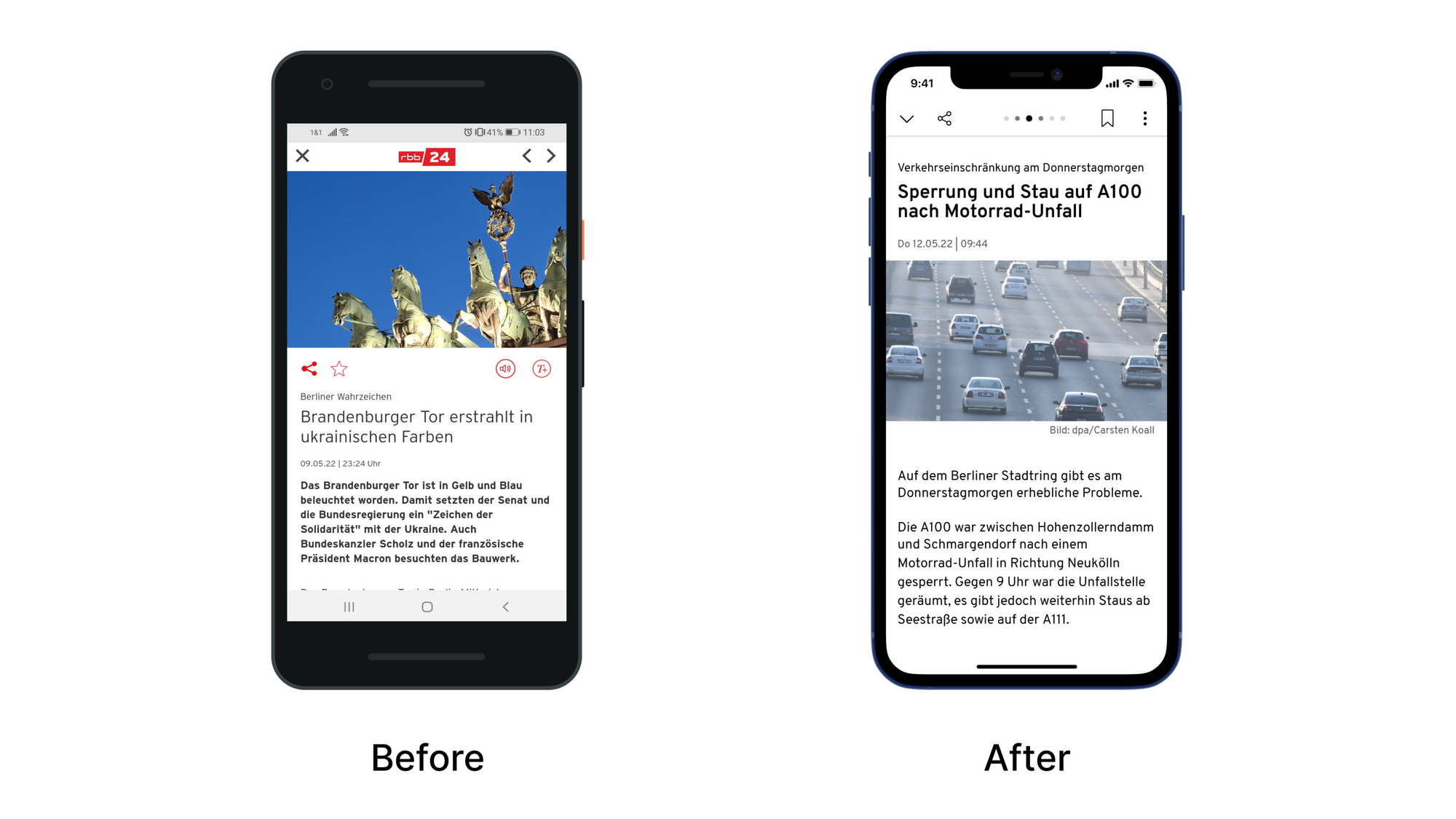 View of a single article in rbb24 App - before & after